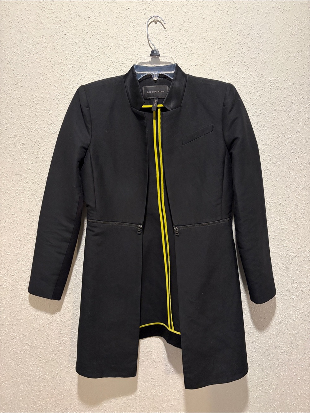 BCBGMaxAzria Black Trench Coat with Yellow Trim